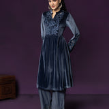 Marya Blue Self-Embroidered Velvet A-line Kurta