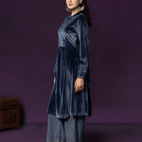 Marya Blue Self-Embroidered Velvet A-line Kurta