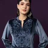 Marya Blue Self-Embroidered Velvet A-line Kurta