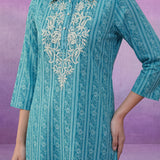 Aqua Blue All-Over Printed Cotton Cambric Straight Kurti