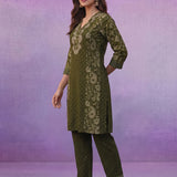 Green Printed Cotton Panelled Kurta Set
