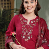 Silk Blend Floral Yoke Embroidered Kurta Palazzo Dupatta Set