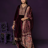 Vedhi Maroon Embroidered Velvet A-line Suit Set with Brasso Dupatta