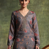 Wool Blend Floral Printed Kurta Trouser Dupatta Set