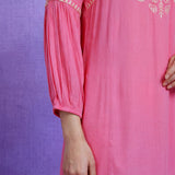 Pink Rayon Embroidered Mandarin Collar Top