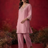 Pink Embroidered Cotton Blend Regular Kurta Set