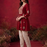 Zari Red Mirror Work Cotton Kurta Set
