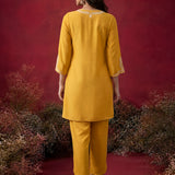 Mustard Embroidered Cotton Blend Regular Kurta Set