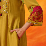 Vanya Fire Mustard Embroidered Panelled Kurta Set