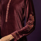 Iravya Maroon Embroidered Velvet Co-ord Set