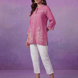 Pink Embroidered Cotton Slub Relaxed Top