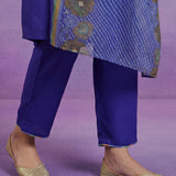 Bright Blue Printed Suit Set with Applique Neckline