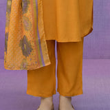 Yellow Printed Suit Set with Applique Neckline