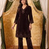 Yashvi Cocoa Brown Embroidered Velvet Kurta Set