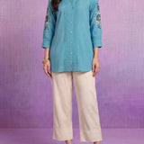 Aqua Cotton Resham Sequin Embroidered Shirt