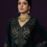 Paro Green Resham Embroidred Velvet Long Co-ord Set