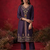 Ibadat Deep Purple Floral Embroidered Rayon V-neck Kurta Set with Pockets