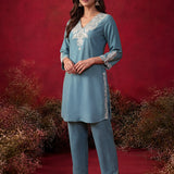 Teal Embroidered Cotton Blend Regular Kurta Set