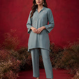 Aqua Teal Embroidered Cotton High-Low Co-Ord Set