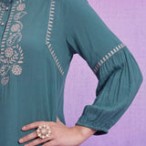 Green Rayon Embroidered Mandarin Collar Top