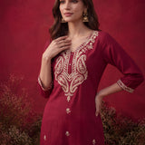 Fuchsia Embroidered Cotton Straight Kurta Set