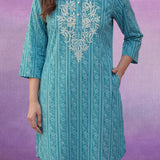 Aqua Blue All-Over Printed Cotton Cambric Straight Kurti