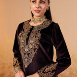 Riddhi Espresso Brown Embroidered Velvet Suit Set
