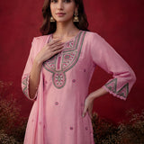 Albeli Baby Pink Embroidered A-line Suit Set with Dupatta