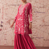Joy Carmine Red Embroidered Rayon Salwar Suit Set with Dupatta