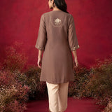 Mushroom Brown Embroidered Mul Chanderi Co-ord Set