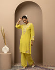 Yellow Kurta Set with Floral Embroidery and Zari Work
