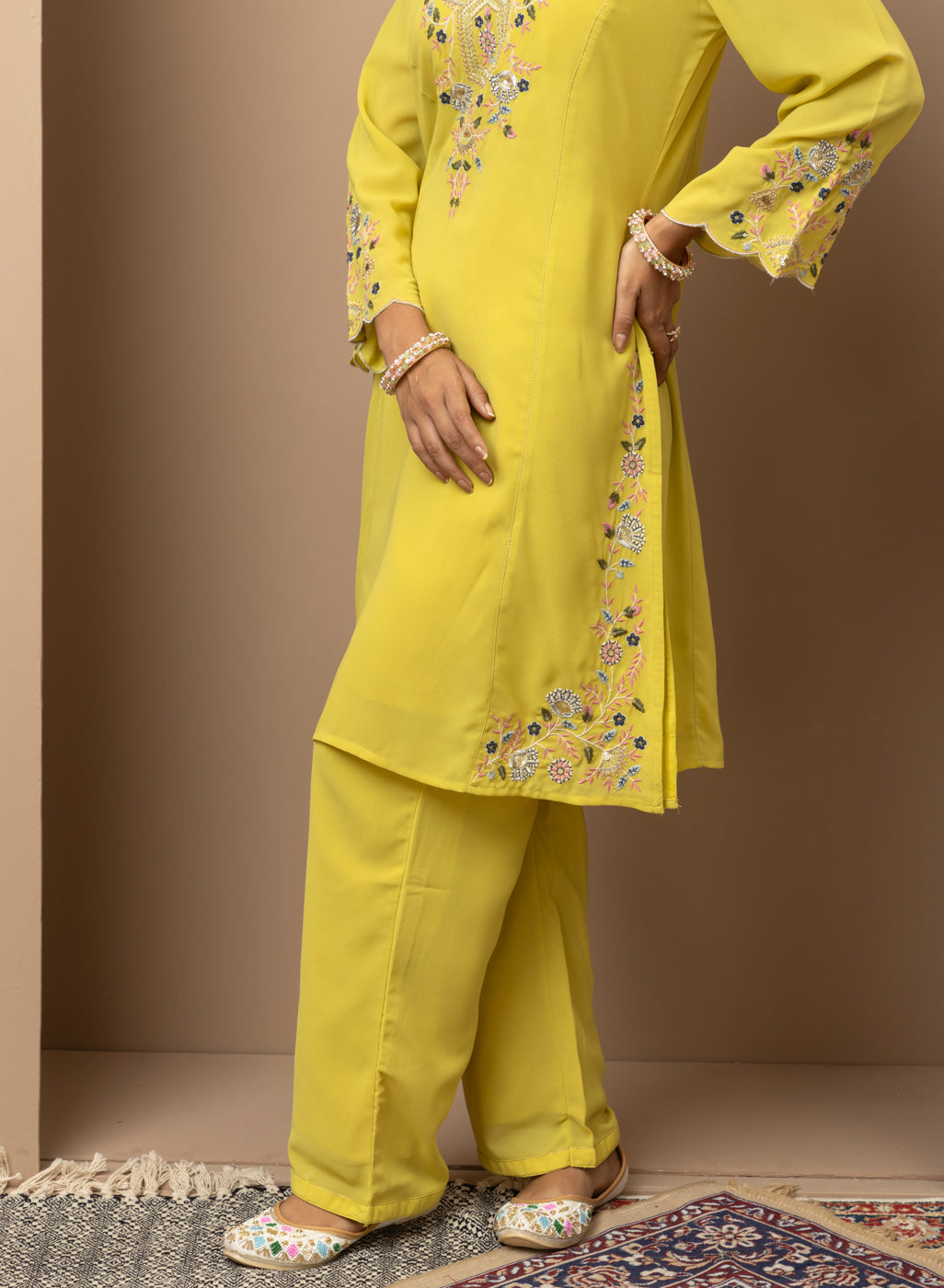 Yellow Kurta Set with Floral Embroidery and Zari Work