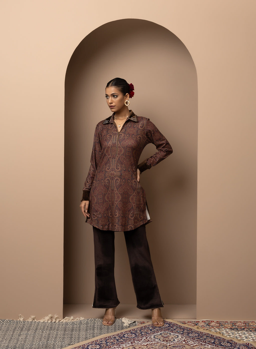 Maroon Printed Tunic with Embroidery on Collar