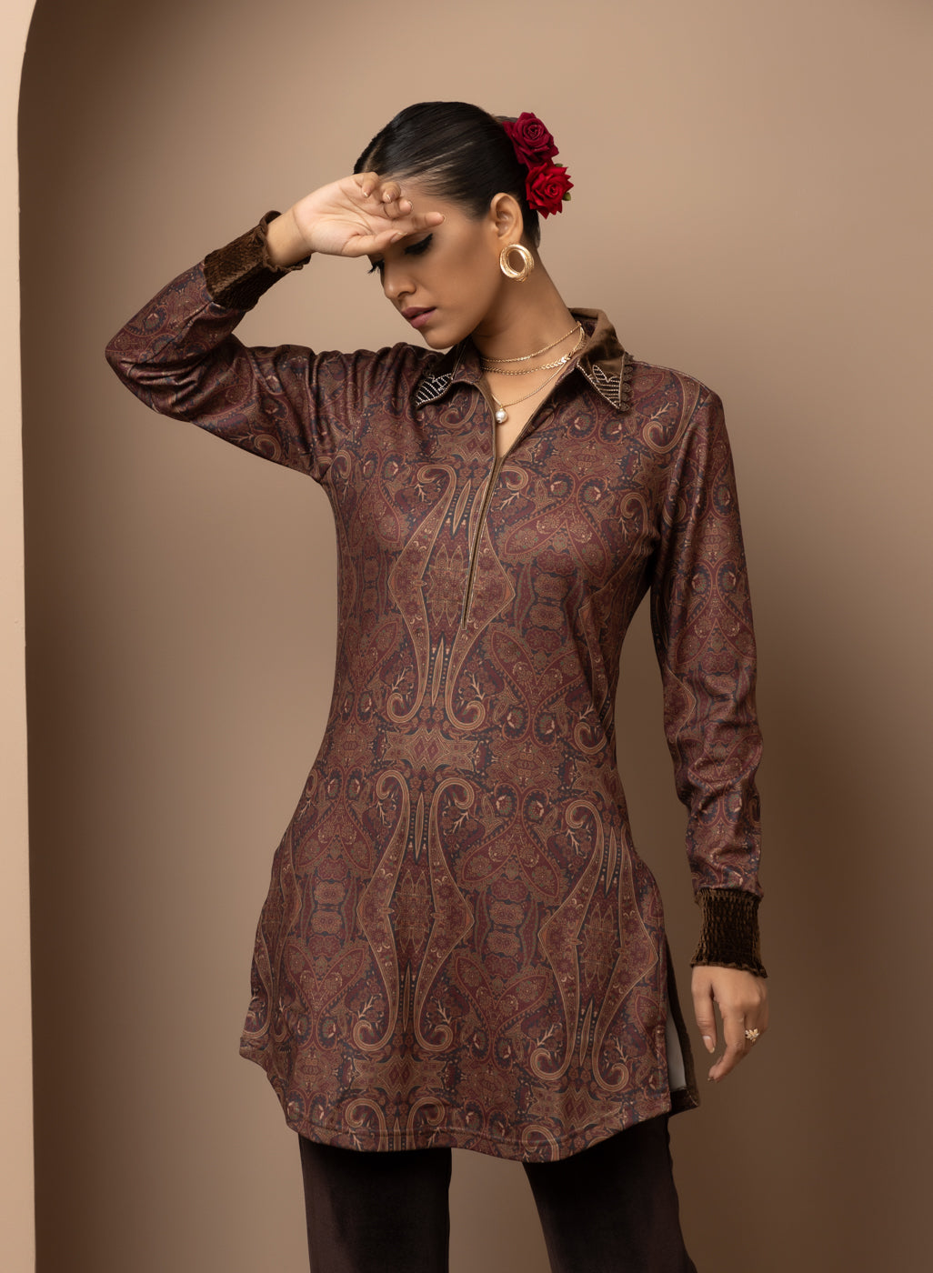 Maroon Printed Tunic with Embroidery on Collar