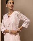 Pink A Line Kalidaar Raschel Dress with Tassels
