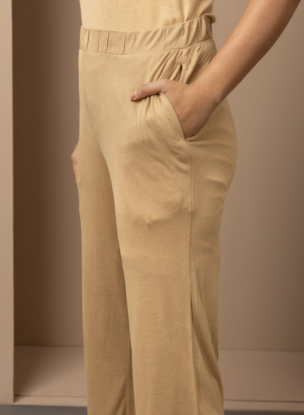 Golden Elastic Waist Palazzo with Embroidered Mesh Hem