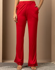 Red Elastic Waist Palazzo with Embroidered Mesh Hem
