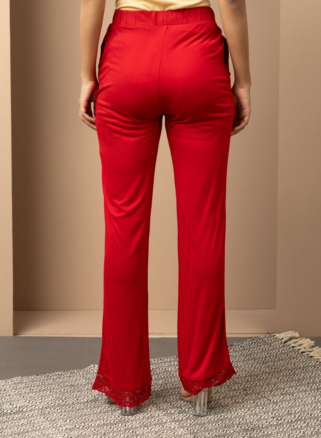 Red Elastic Waist Palazzo with Embroidered Mesh Hem