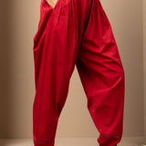 Solid Red Pleated Salwar with Hem Embroidery