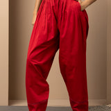 Solid Red Pleated Salwar with Hem Embroidery