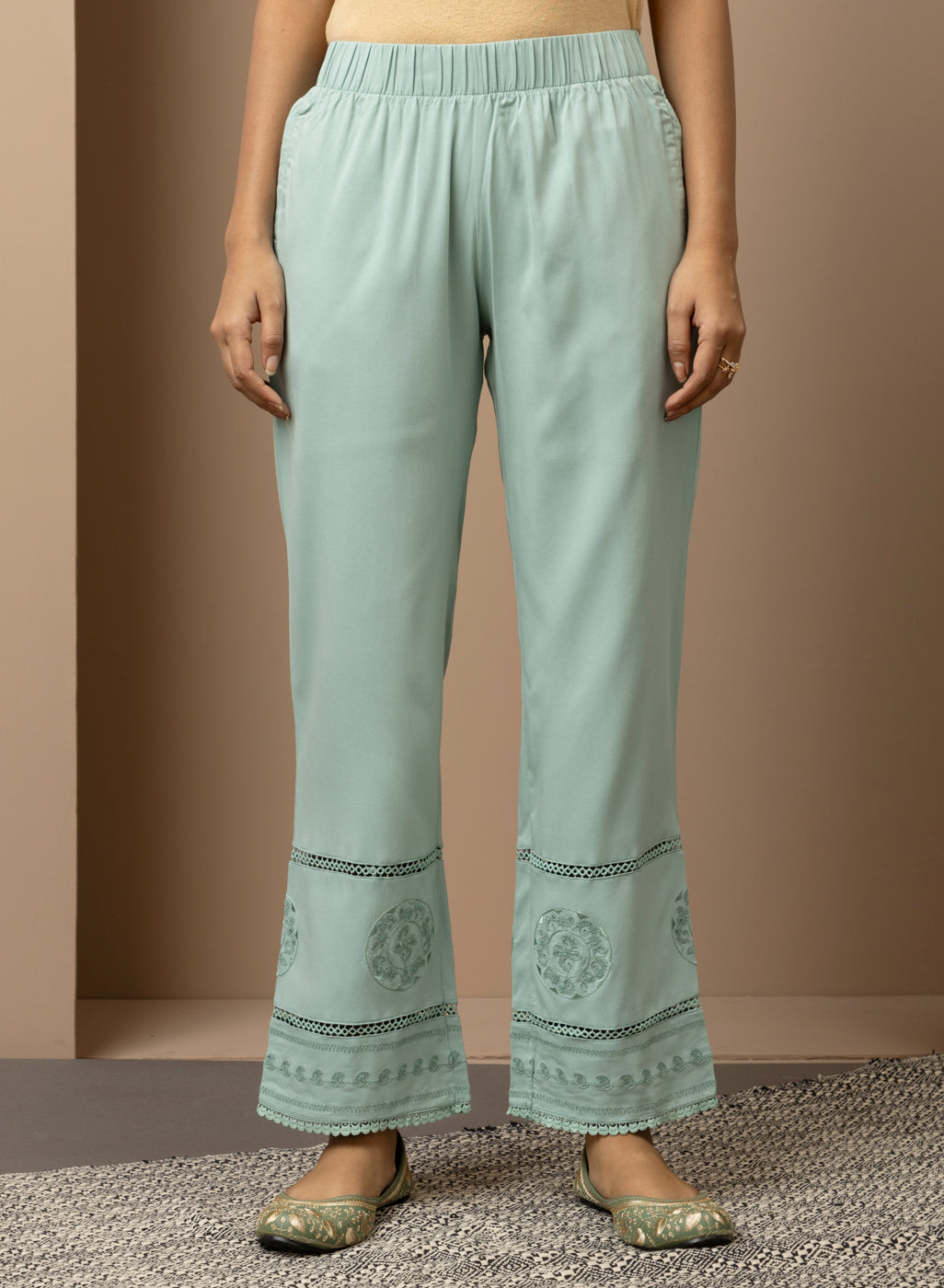 Sky Blue Elastic Palazzo with Lace and Embroidery Detail