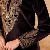 Riddhi Espresso Brown Embroidered Velvet Suit Set