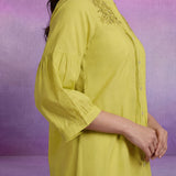 Lemon Cotton Resham Zari Embroidered Puff Sleeve Shirt