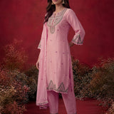 Albeli Baby Pink Embroidered A-line Suit Set with Dupatta