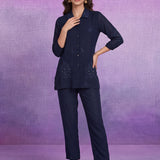 Navy Embroidered Straight Co-ord Set
