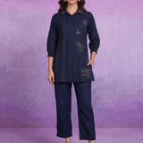 Navy Blue Floral Embroidered Straight Co-ord Set