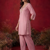 Pink Embroidered Cotton Blend Regular Kurta Set