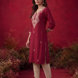 Fuchsia Embroidered Cotton Straight Kurta Set