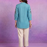 Aqua Cotton Resham Sequin Embroidered Shirt