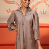 Niya Oak Brown Embroidered Cotton Linen Slub Long Top for Women